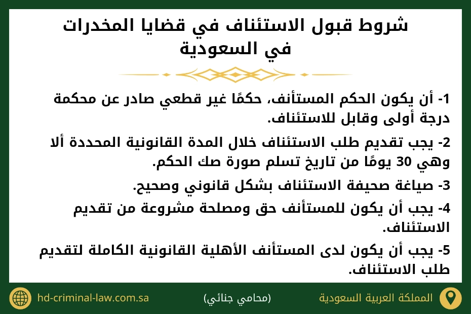شروط قبول الاستئناف في قضايا المخدرات في السعودية